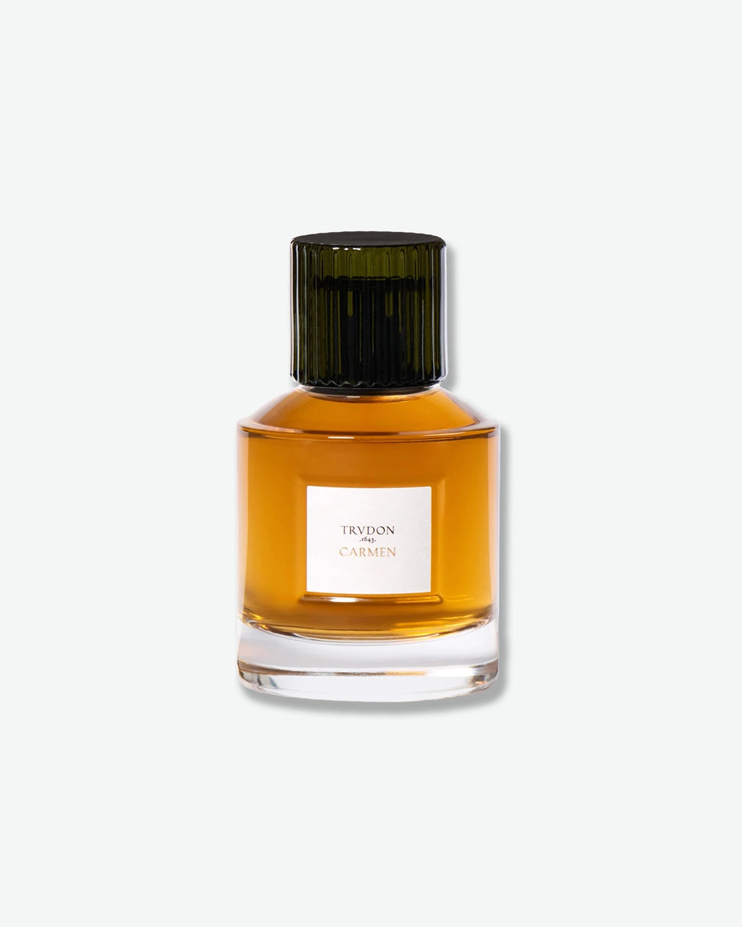 Perfume bottle with a green cap on a white background