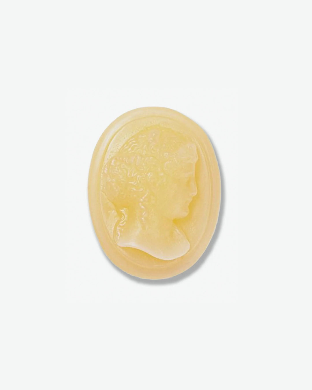 An oval-shaped, pale yellow cameo featuring a raised profile carving of a classical figure's head.