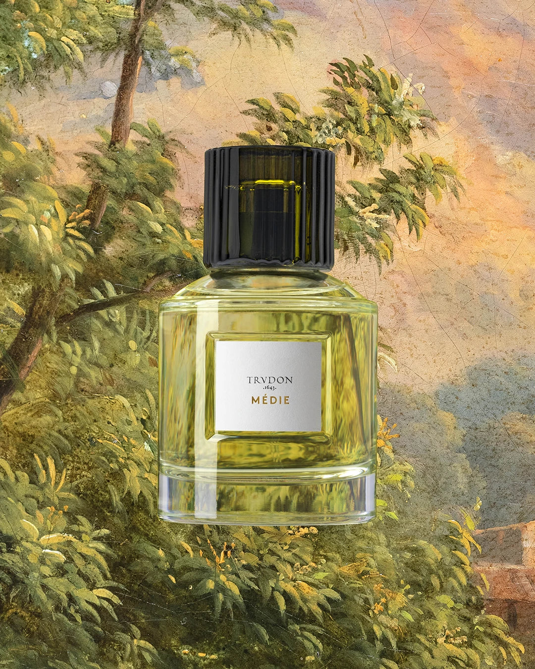 A bottle of Trudon Médie Eau de Parfum layered elegantly over a classic, textured oil painting background depicting a lush, sun-dappled forest scene.
