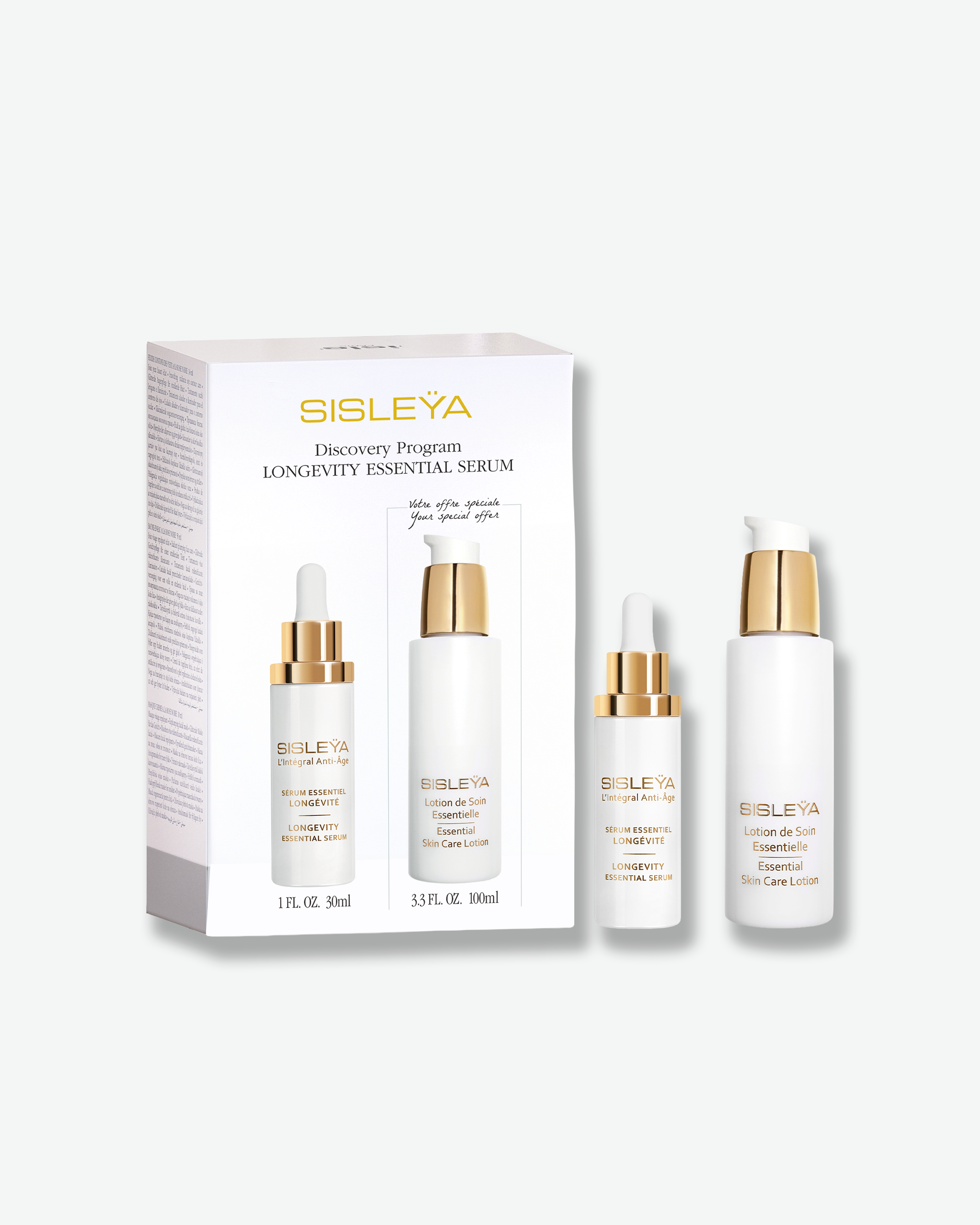 Sisleÿa Discovery Program Longevity Essential Serum set, featuring a white box and two white skincare bottles with gold caps on a light gray background.