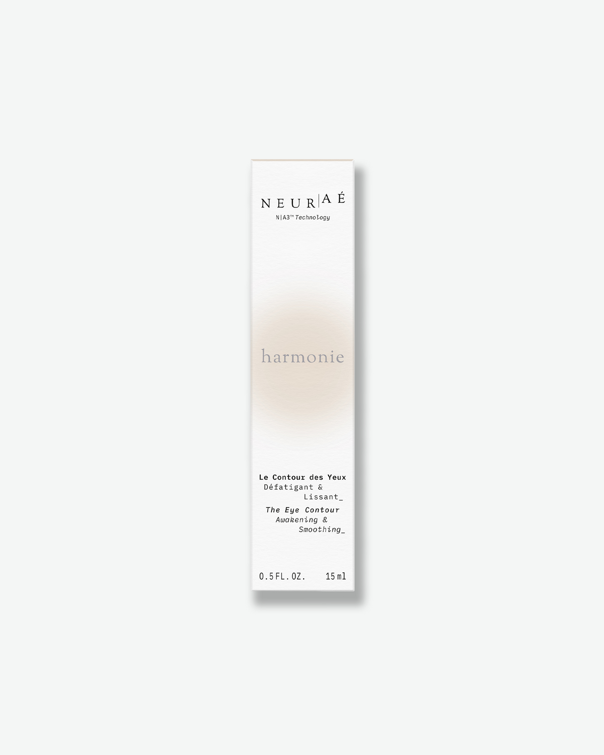 A white squeeze tube of Neurae Harmonic eye contour cream, centered on a very light gray background with a soft drop shadow.