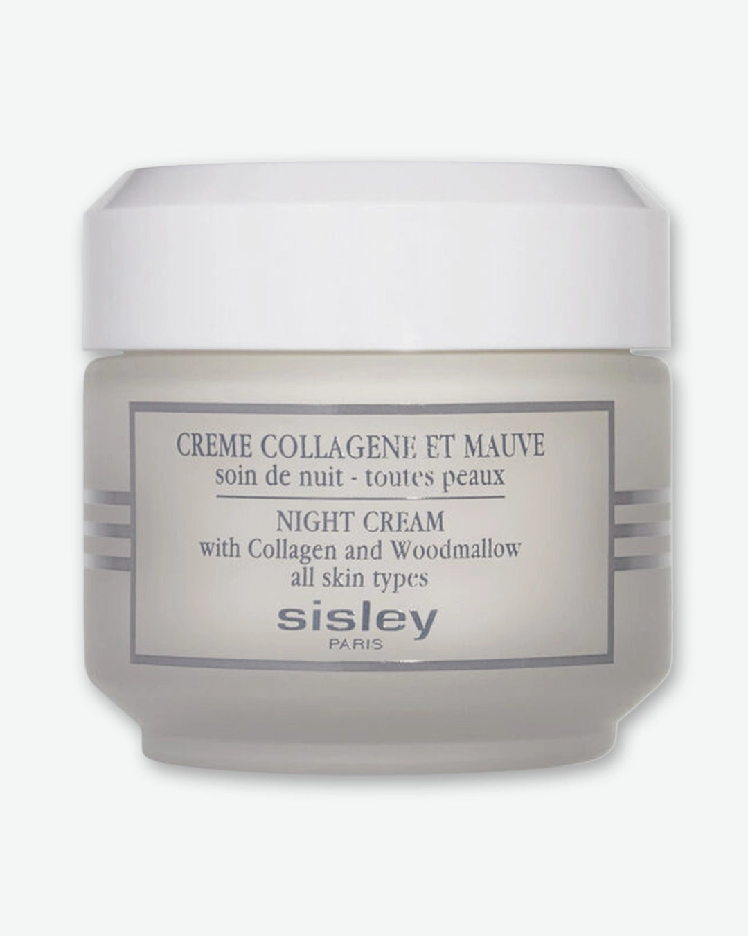 A frosted glass jar of Sisley Paris Night Cream with Collagen and Woodmallow, topped with a smooth white cap.