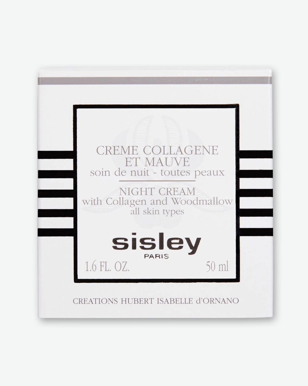 The front of the white outer packaging box for Sisley Paris Night Cream with Collagen and Woodmallow, featuring black and grey text, horizontal stripes, and 50 ml volume labeling.