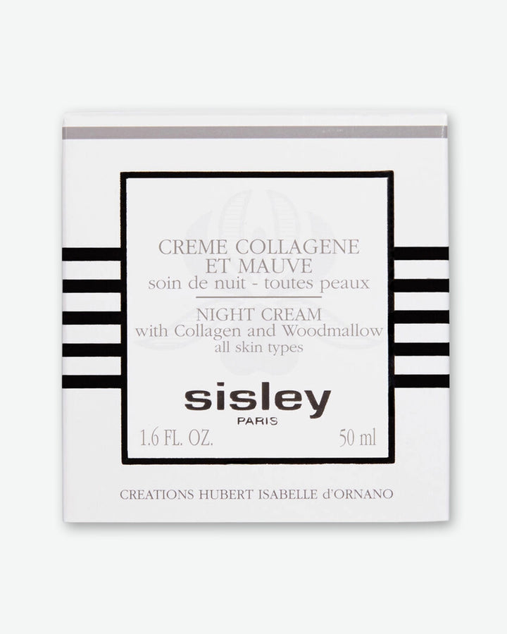 The front of the white outer packaging box for Sisley Paris Night Cream with Collagen and Woodmallow, featuring black and grey text, horizontal stripes, and 50 ml volume labeling.