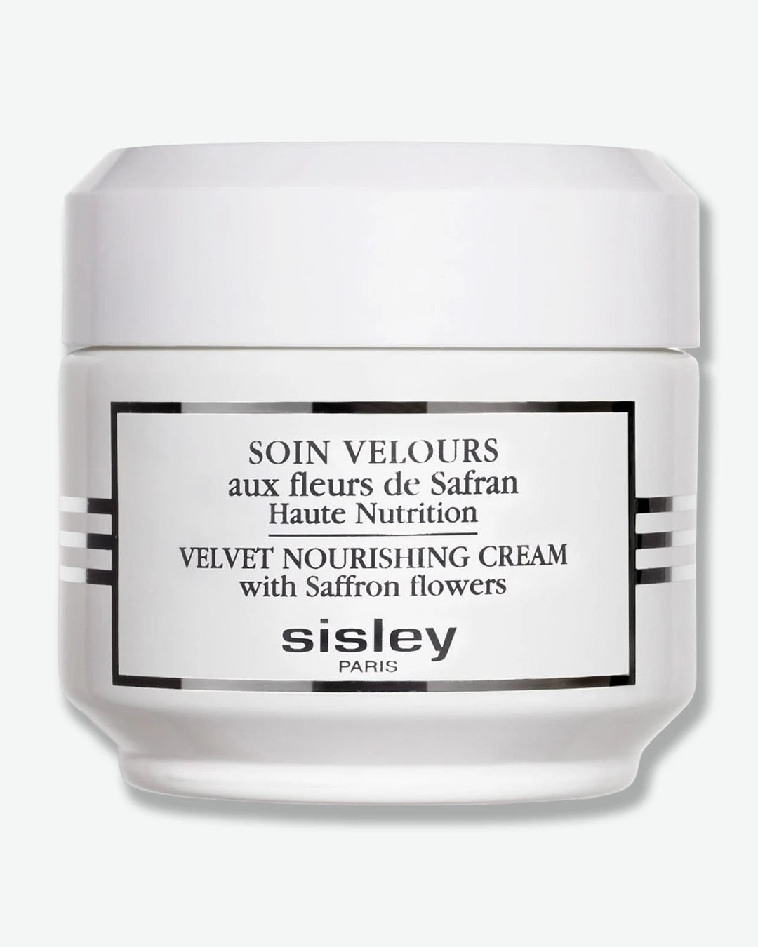 A glossy white jar of Sisley Paris Velvet Nourishing Cream with Saffron Flowers, topped with a matching white plastic cap.