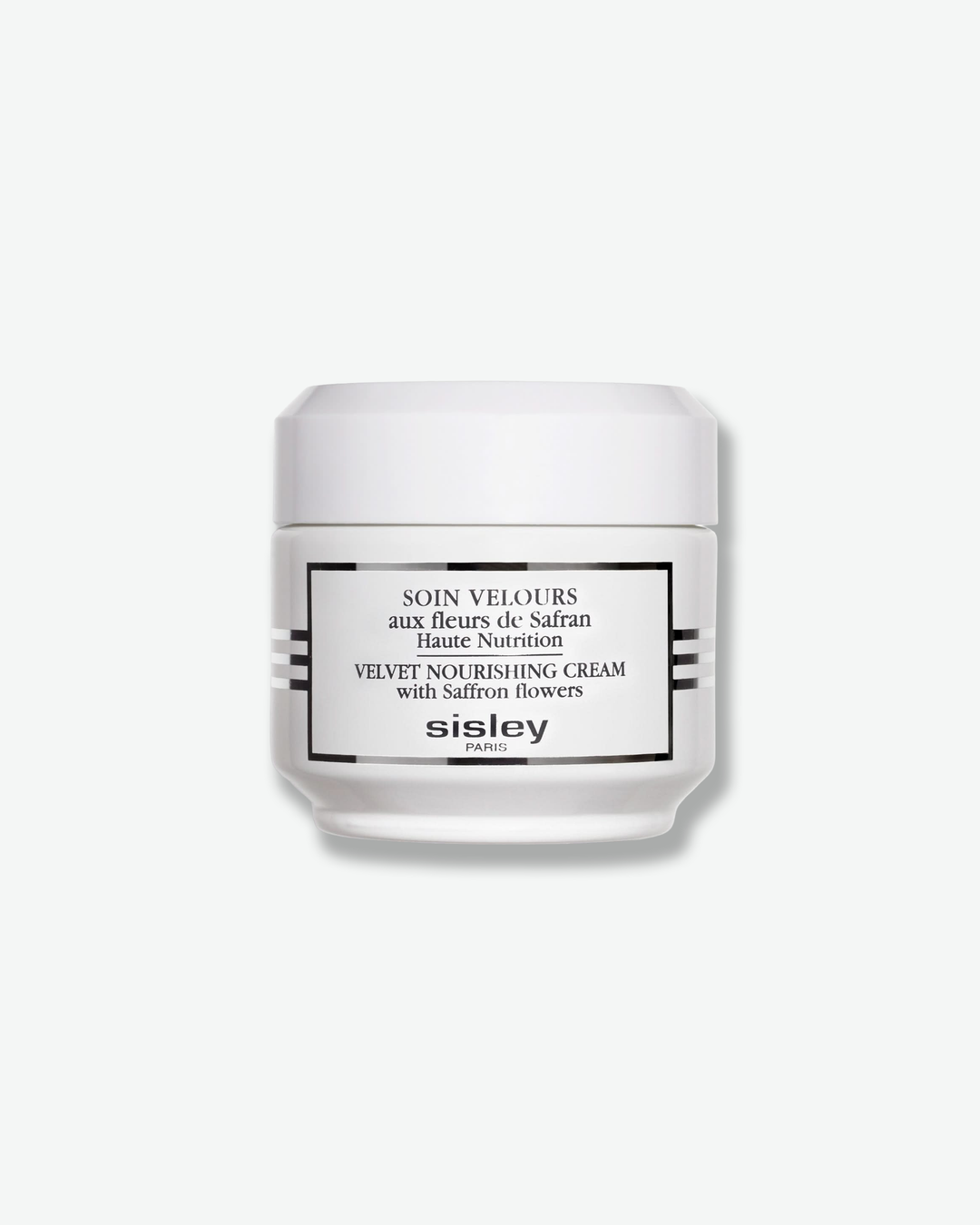 Front view of a Sisley Paris Velvet Nourishing Cream jar against a plain gray background. The opaque, glossy white cosmetic jar is accented by black horizontal stripes on the sides, a black-bordered rectangular label with product details, and a clean white cap.