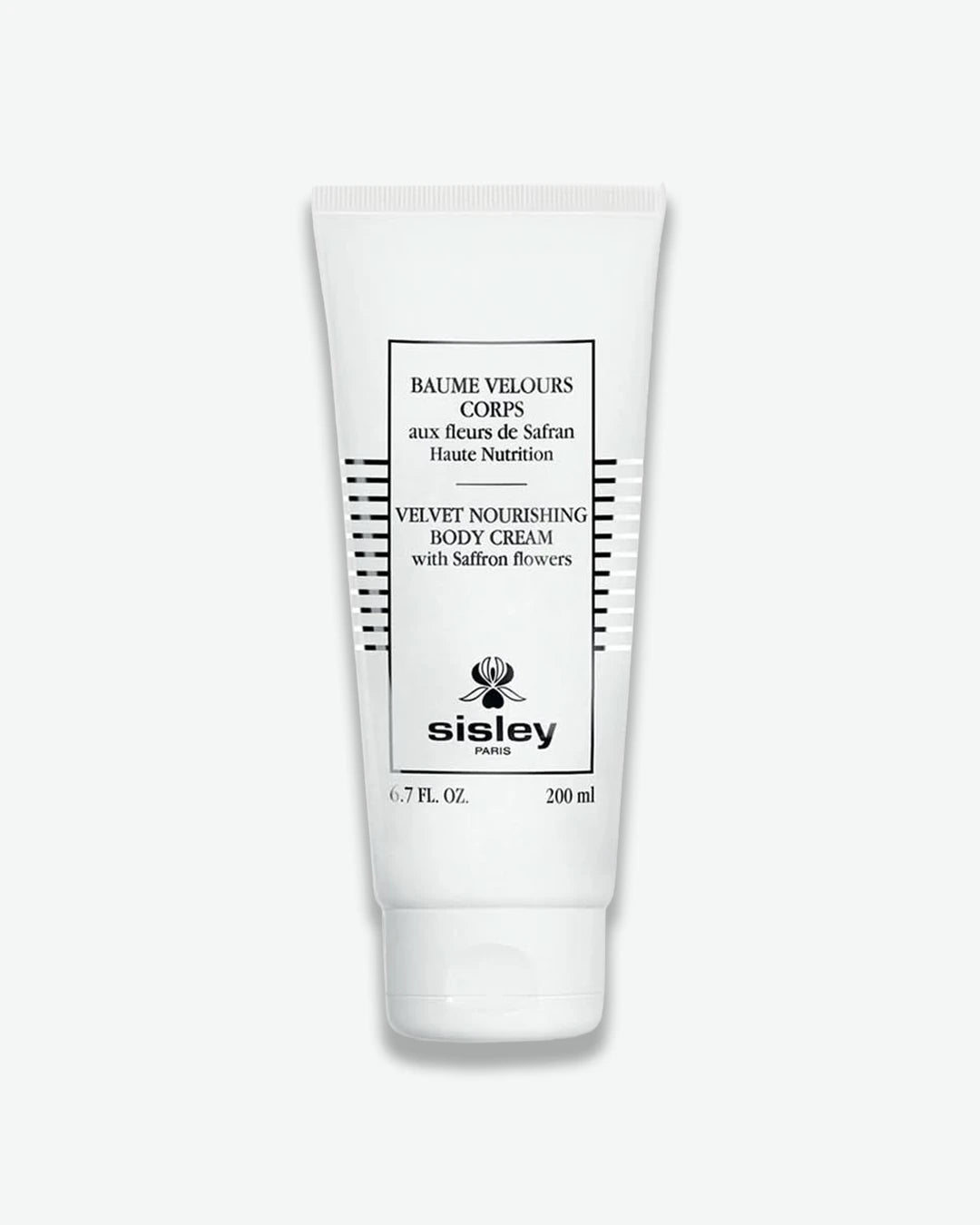A white squeeze tube of Sisley Paris Velvet Nourishing Body Cream with Saffron Flowers, featuring clean black text and minimal line accents.