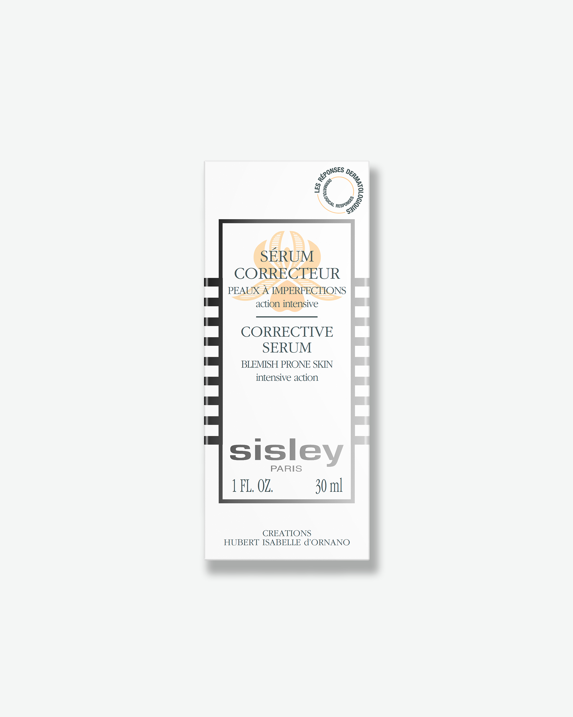 Sisley Corrective Serum packaging box, featuring a white design with black text and a gold logo, set against a light gray background.