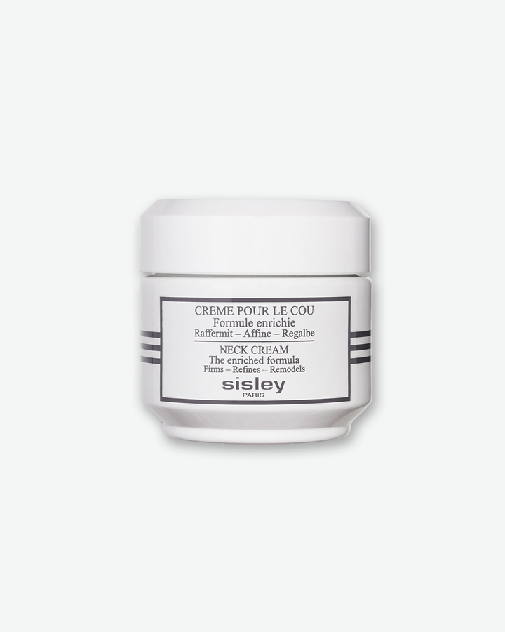Sisley Paris Creme Pour Le Cou Neck Cream in a minimalist, glossy white opaque jar featuring a bold black rectangular frame with product text and horizontal stripes, isolated on a light grey background.