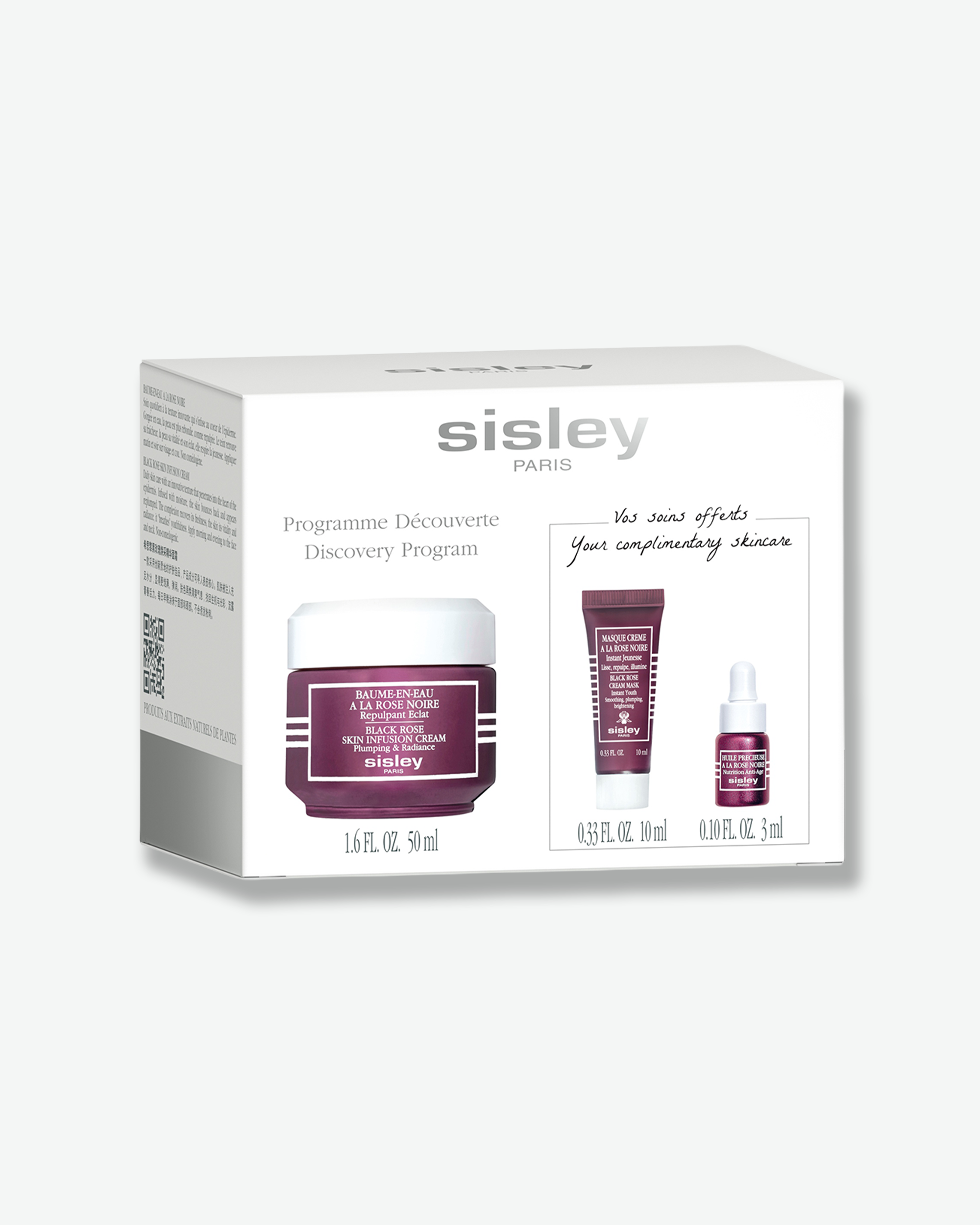 Sisley Paris Discovery Program skincare set box displaying a full-size skin infusion cream jar, mini cream mask tube, and sample face oil bottle.
