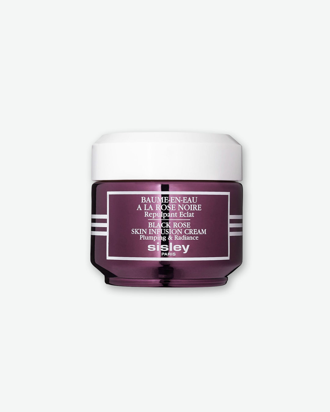 Sisley Paris Black Rose Skin Infusion Cream in a glossy, deep plum-purple glass jar with a stark white screw cap, featuring white text and horizontal stripe details, isolated on a light grey background.