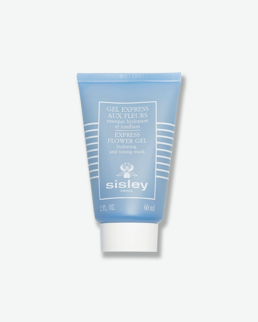 Front view of a Sisley Paris Express Flower Gel mask tube against a plain gray background. The vertical squeeze tube is a matte, soft periwinkle blue with white horizontal lines stacked on the sides, white product details centered in a frame, and a solid white screw cap.