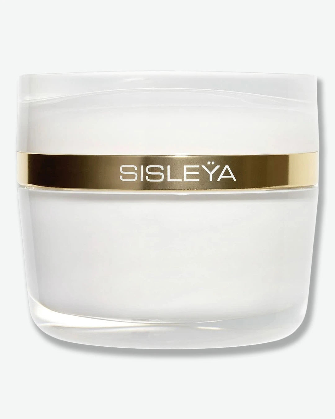A white glass jar of Sisley Paris Sisleÿa L'Intégral Anti-Âge Cream, featuring a smooth white cap and a signature polished gold band engraved with the brand name.