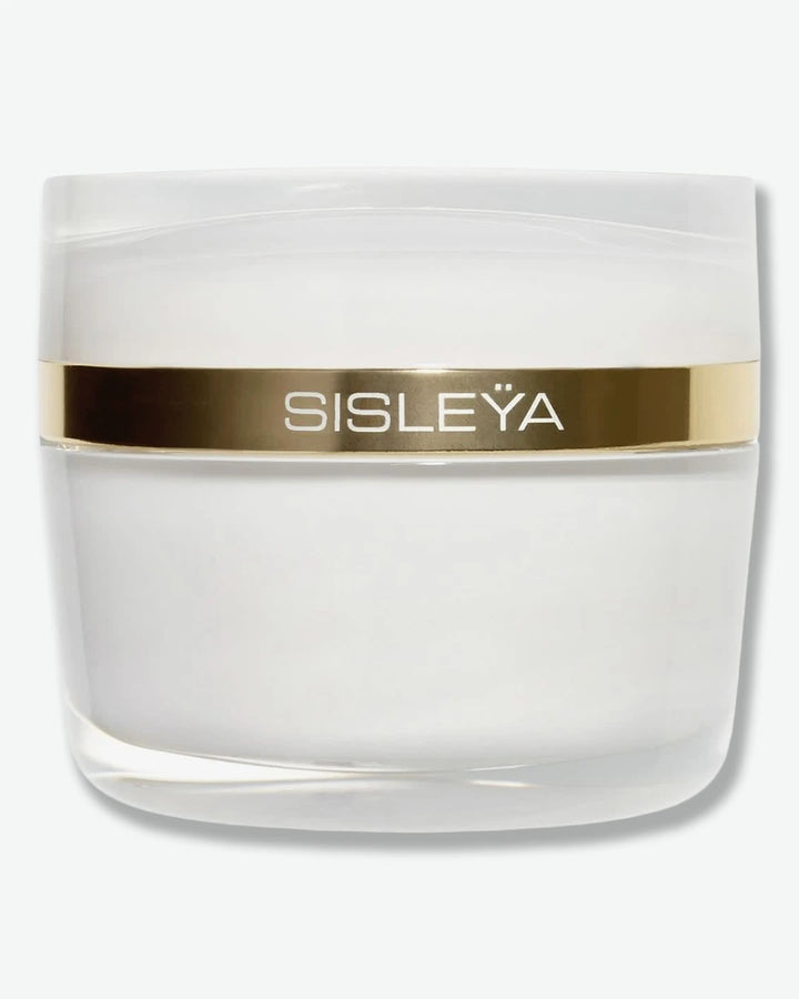 A white glass jar of Sisley Paris Sisleÿa L'Intégral Anti-Âge Fresh Gel Cream, featuring a smooth white cap and a distinctive metallic gold band engraved with the brand name.