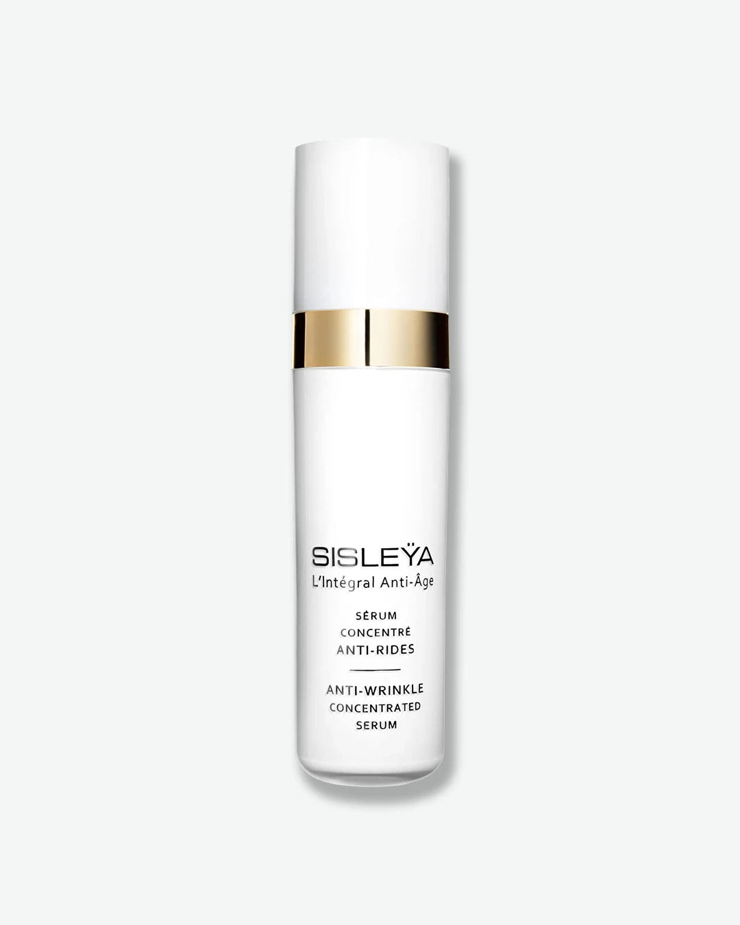 A sleek, matte white pump bottle of Sisley Paris Sisleÿa L'Intégral Anti-Âge Anti-Wrinkle Concentrated Serum, accented with a brilliant metallic gold collar band.