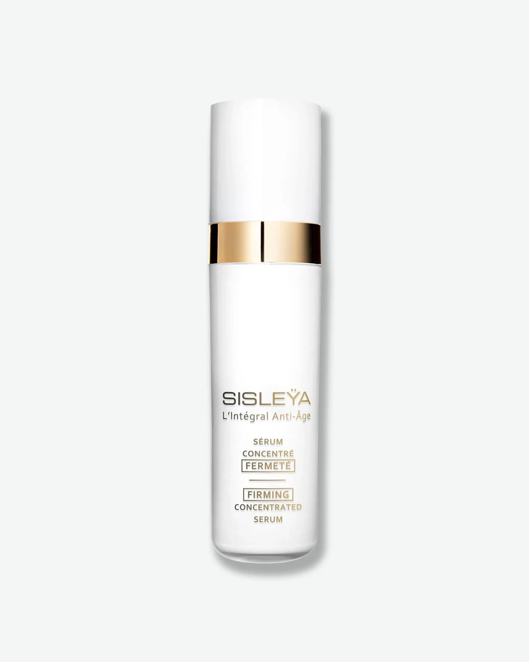 A sleek, matte white pump bottle of Sisley Paris Sisleÿa L'Intégral Anti-Âge Firming Concentrated Serum, detailed with an elegant, highly reflective gold collar band.