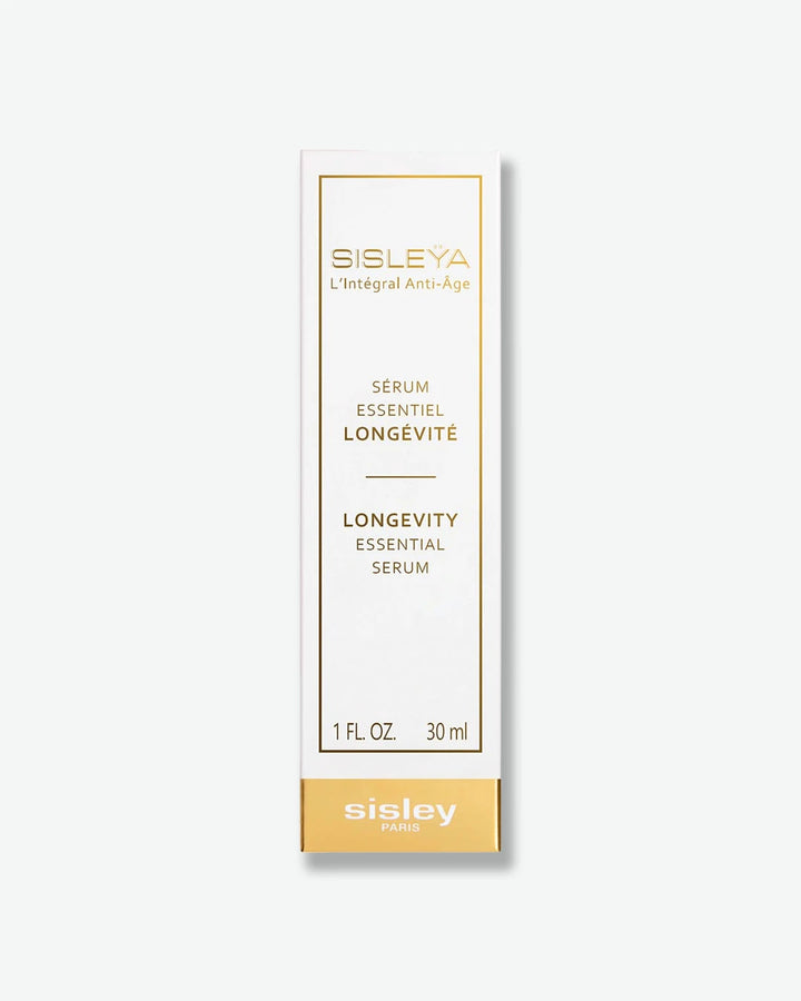 The front of the white outer packaging box for Sisley Paris Sisleÿa L'Intégral Anti-Âge Longevity Essential Serum, detailed with gold text, a gold border, and a solid metallic gold base block.