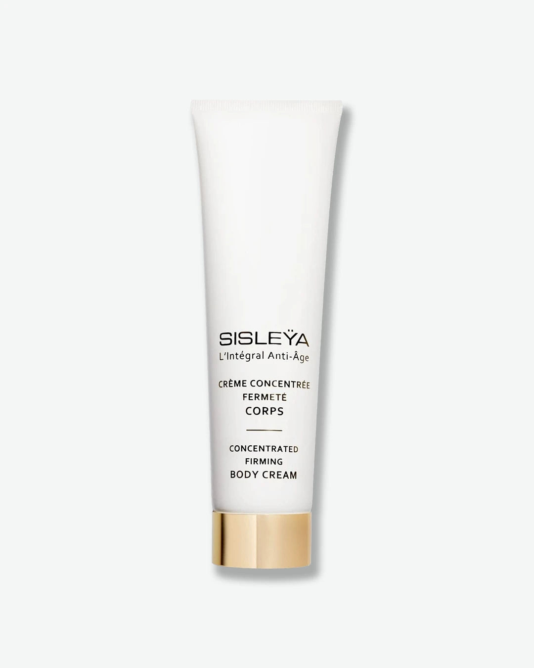 A tall, matte white squeeze tube of Sisley Paris Sisleÿa L'Intégral Anti-Âge Concentrated Firming Body Cream, resting vertically on a metallic gold cap.