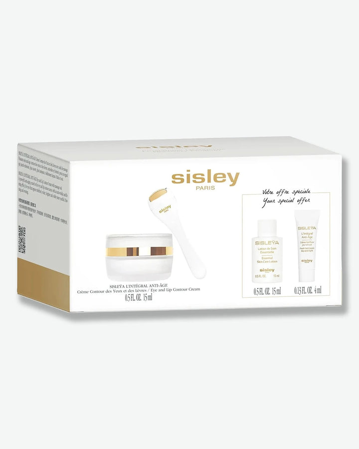 The outer white presentation gift box for the Sisley Paris Sisleÿa L'Intégral Anti-Âge Eye and Lip Contour Cream set, highlighted with a gold base and special offer graphics.