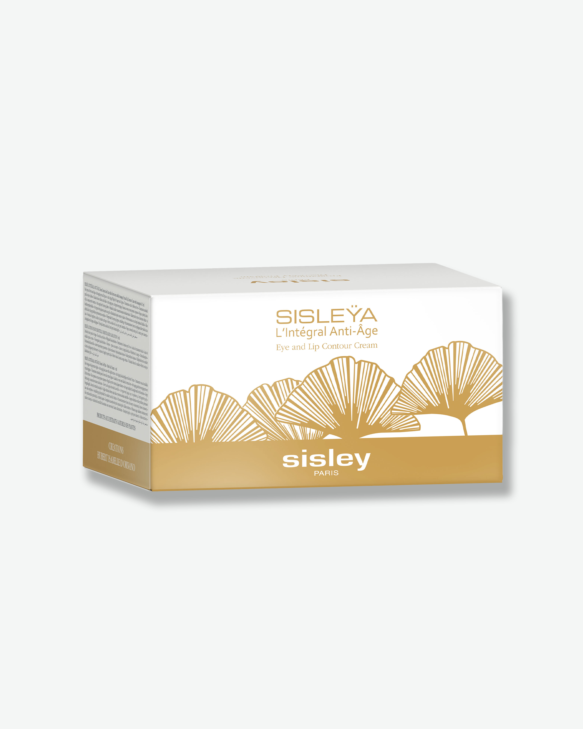 Sisley’a L’Intégral Anti-Age Eye and Lip Care Cream in a white and gold rectangular box, shown on a light gray background.