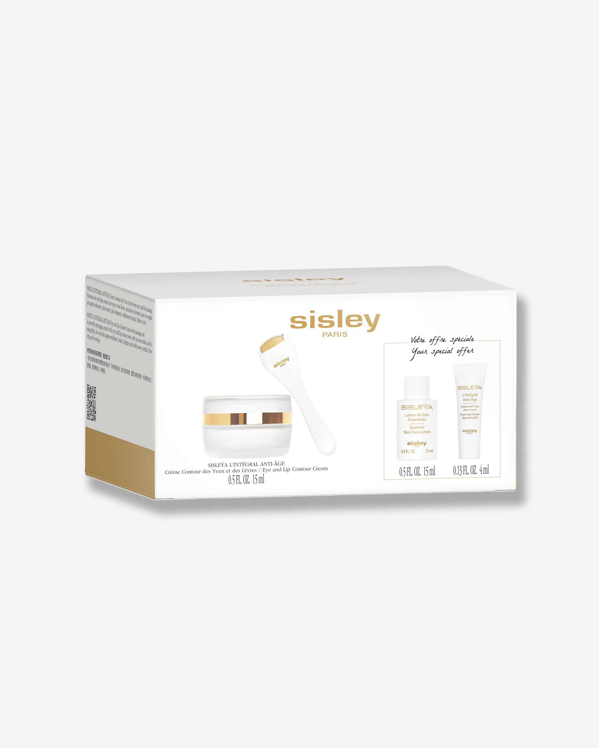 Sisley Paris skincare gift set in a white box with gold accents, featuring a cream jar, a facial roller tool, and two small bottles, shown on a light gray background.