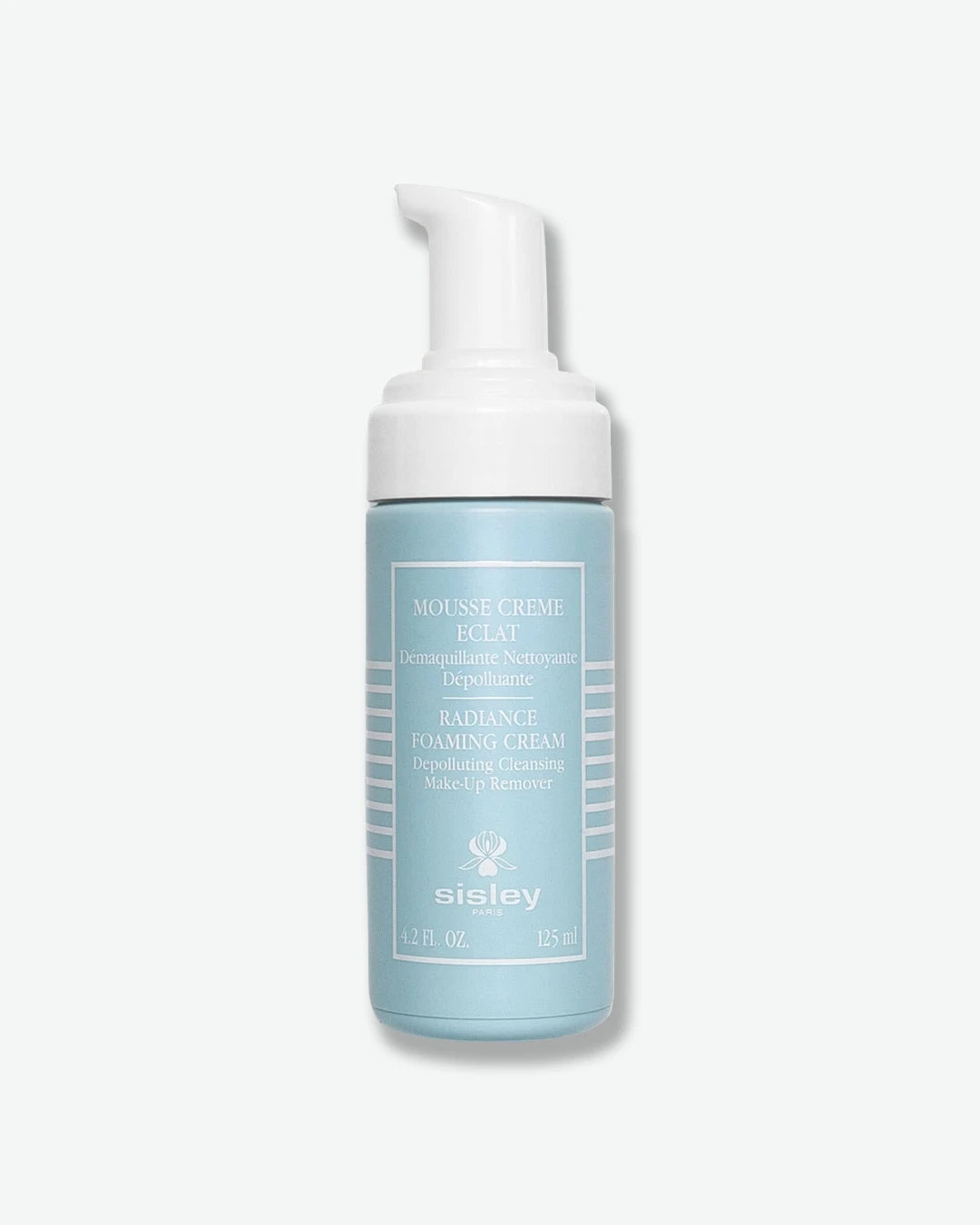 A matte, light pastel blue bottle of Sisley Paris Radiance Foaming Cream cleanser, uncovered to reveal its white plastic foam-dispensing pump.
