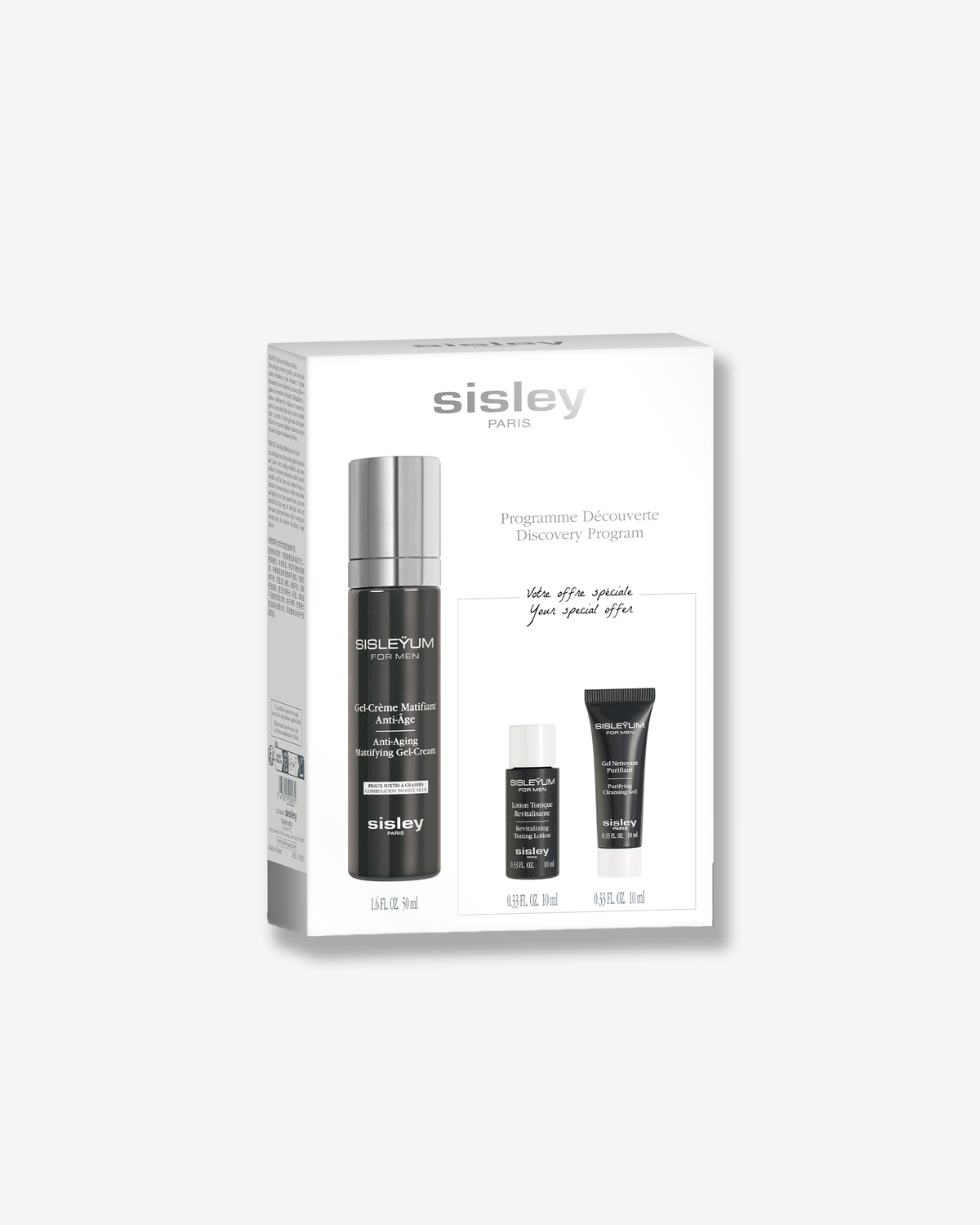 A white Sisley Paris Discovery Program packaging box displaying three Sisleyum for Men skincare products on the front cover.