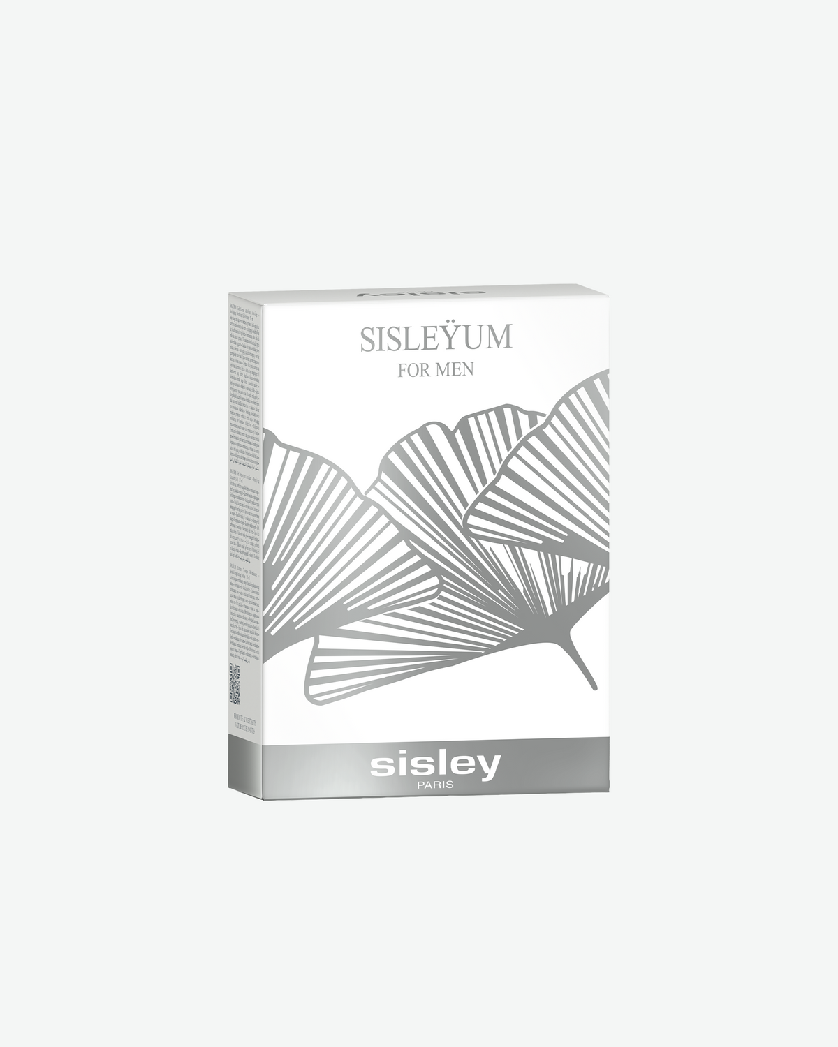 A white product box for Sisleyum for Men by Sisley Paris, featuring a silver ginkgo leaf design on the front cover against a light background.