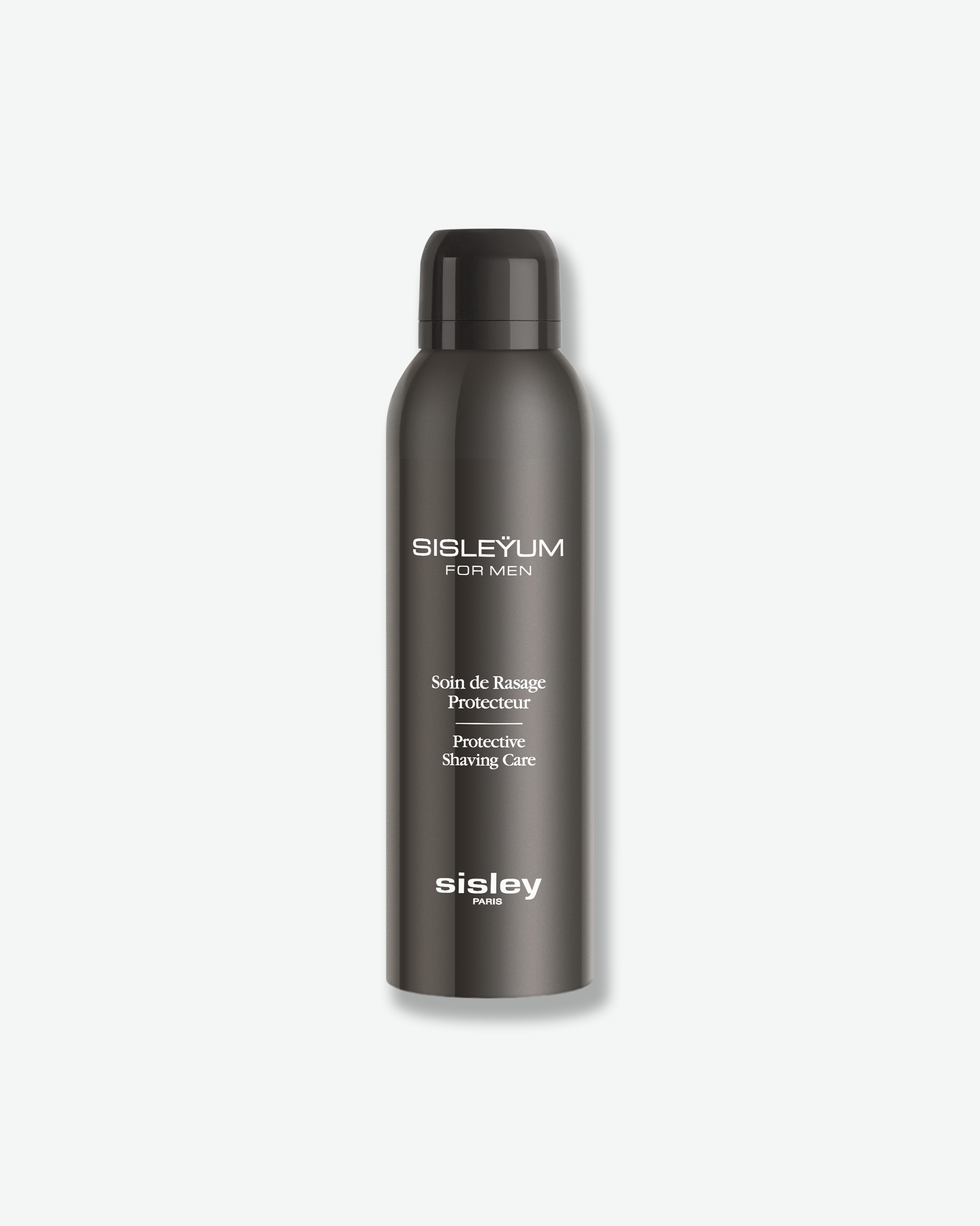 A dark gray aerosol can of Sisleyum for Men Protective Shaving Care by Sisley Paris, centered against a plain white background.