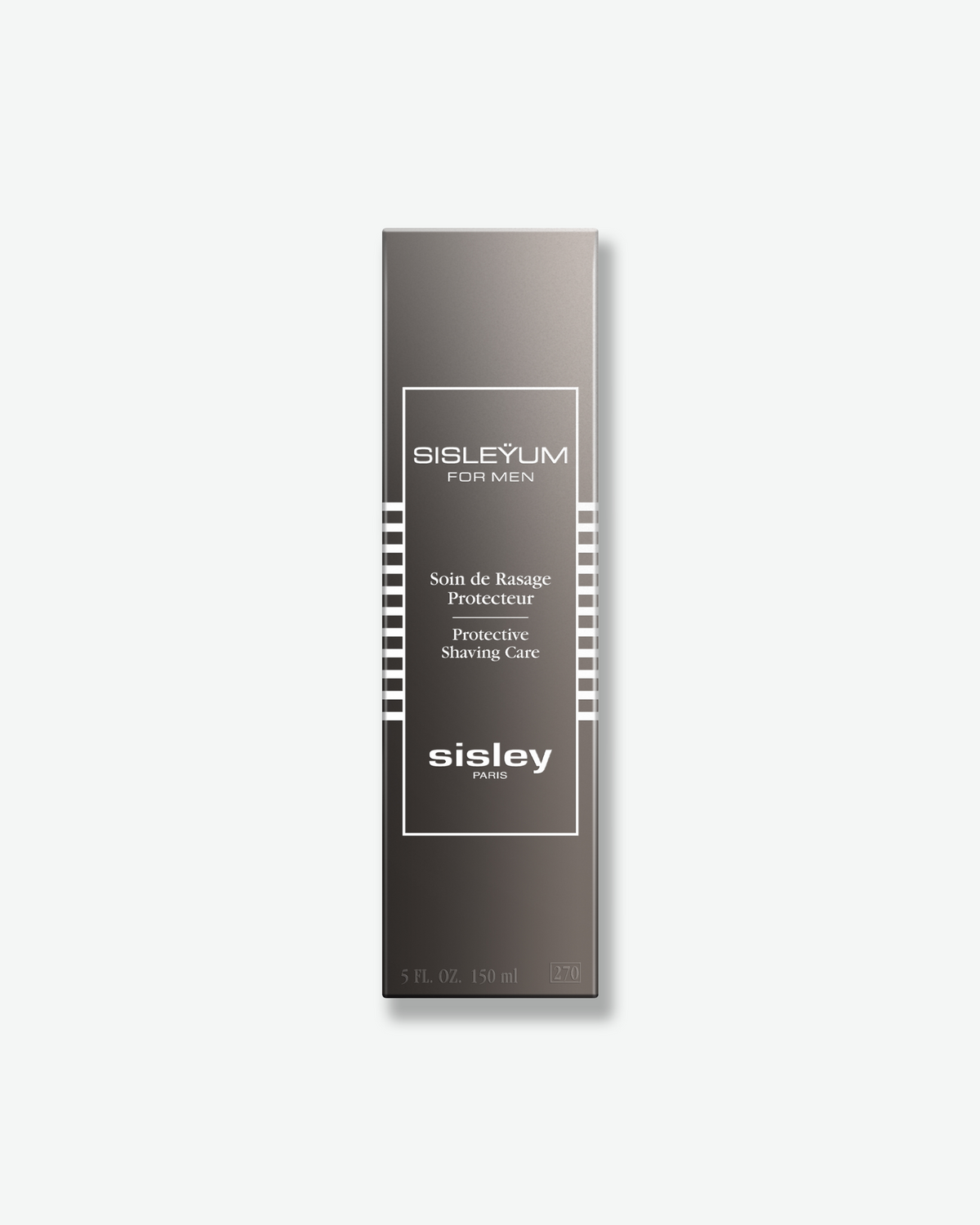 A tall, dark gray rectangular box for Sisleyum for Men Protective Shaving Care by Sisley Paris, centered against a plain white background.