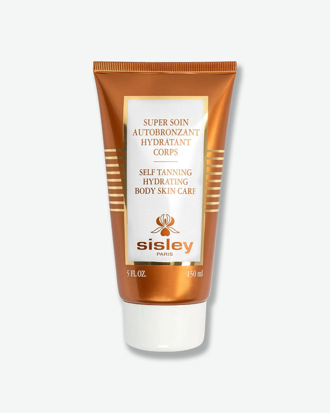 A metallic bronze squeeze tube of Sisley Paris Super Soin Autobronzant Hydratant Corps Self Tanning Hydrating Body Skin Care, resting vertically on a plain white cap.