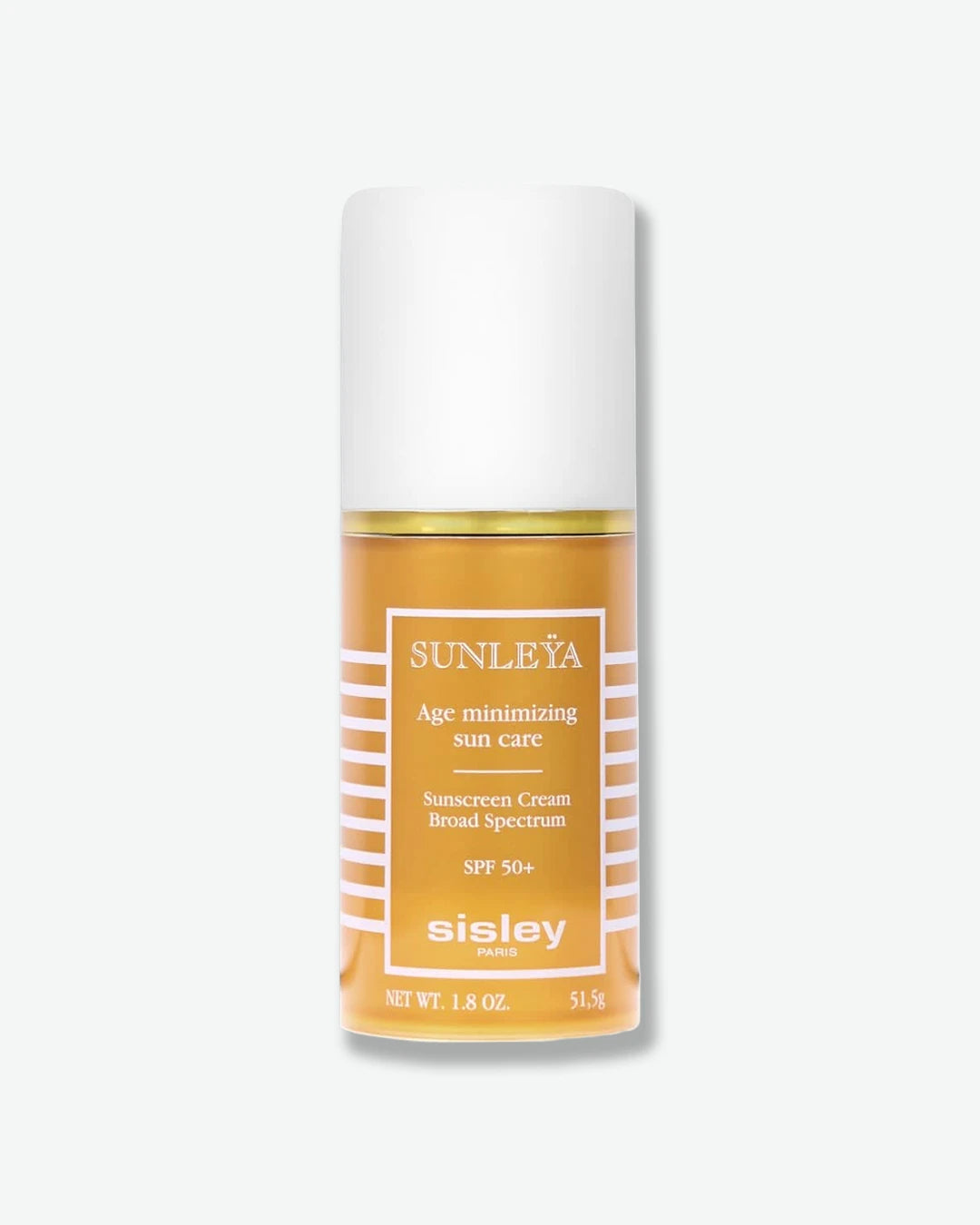 A bottle of Sisley Paris Sunleÿa Age Minimizing Sun Care Sunscreen Cream SPF 50+, featuring an orange-amber body with white horizontal accent lines and a solid white cap.