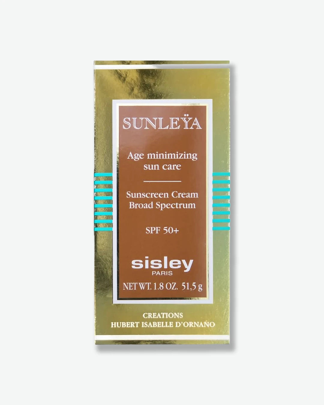 The front of the reflective gold outer packaging box for Sisley Paris Sunleÿa Age Minimizing Sun Care SPF 50+ Sunscreen Cream, featuring a brown center panel and turquoise blue horizontal stripes.