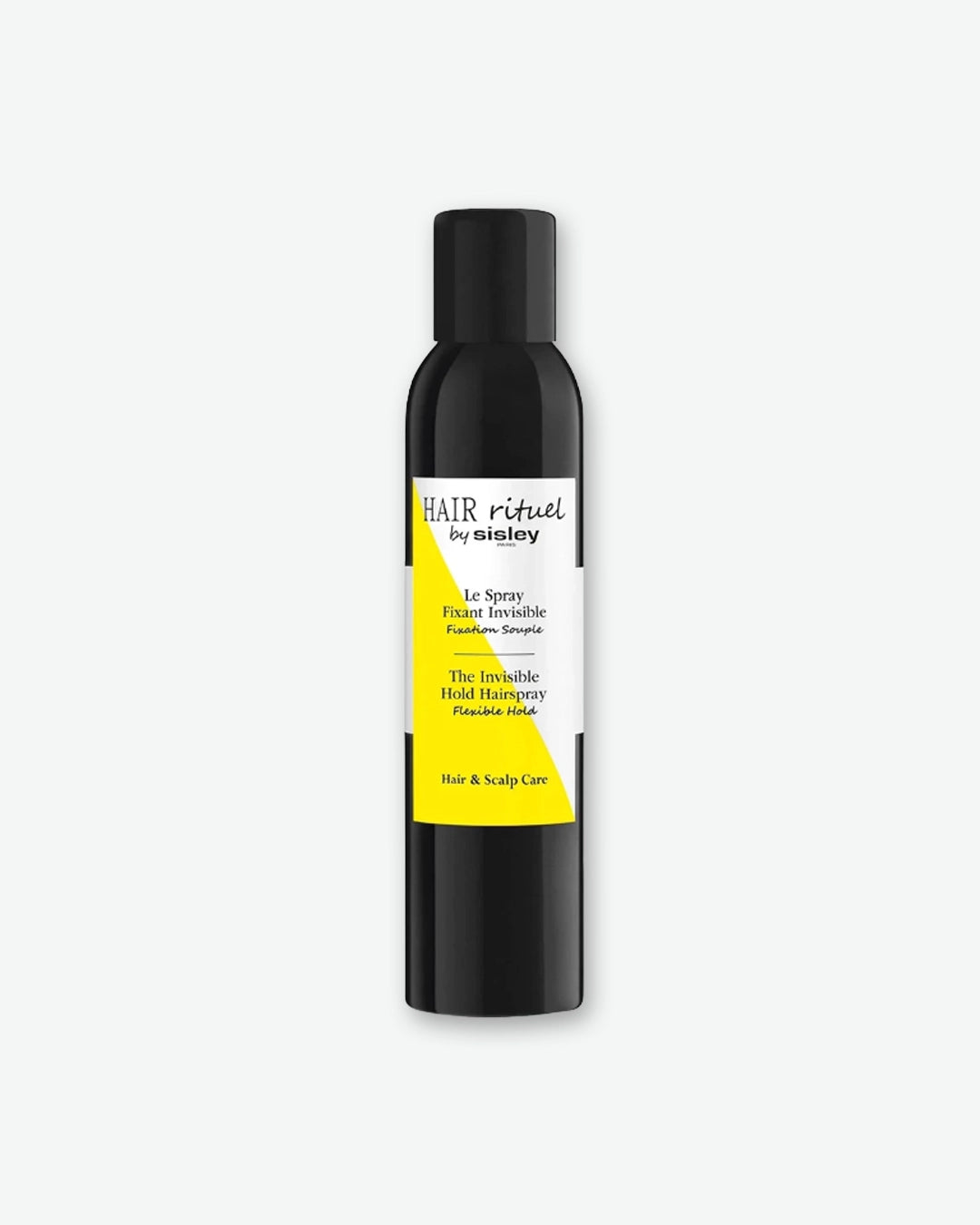 A bottle of HAIR Rituel by Sisley The Invisible Hold Hairspray, featuring a sleek black aerosol spray bottle with a modern white and bright yellow geometric label.