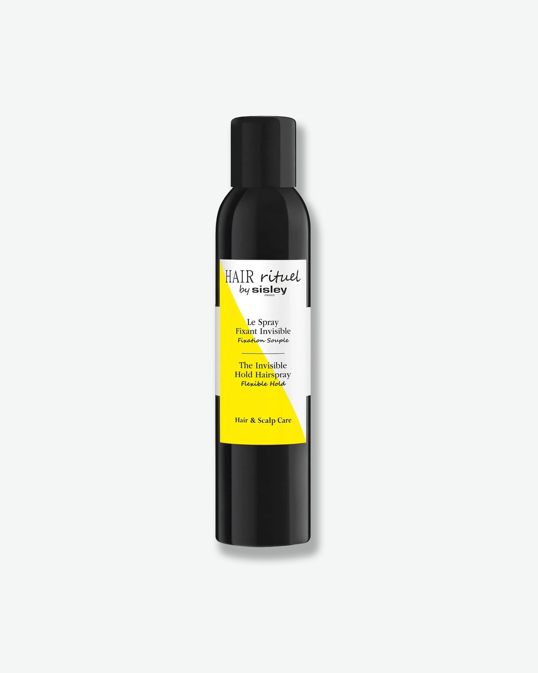 Hair care product bottle with black and yellow design on a white background