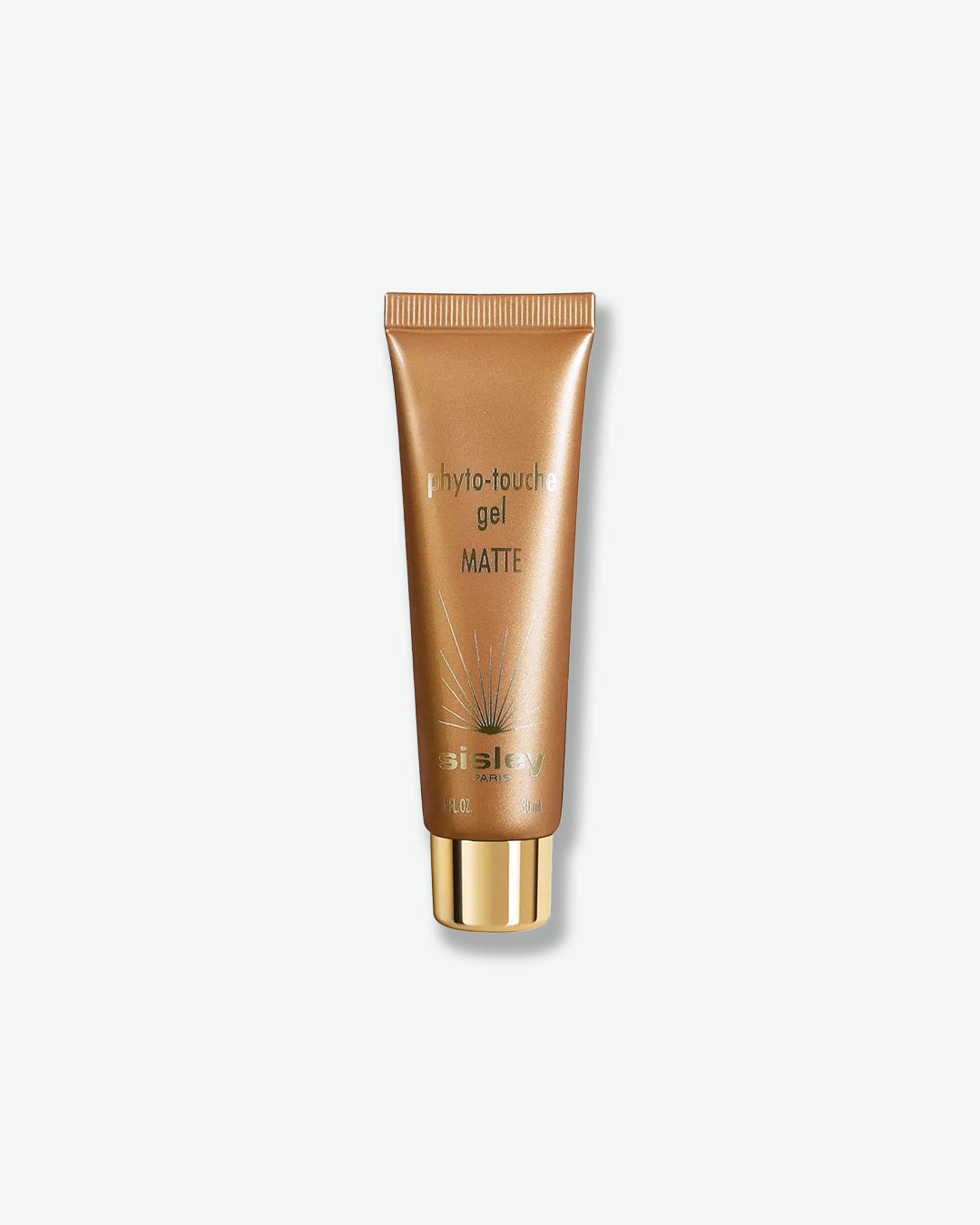 A shimmery metallic bronze squeeze tube of Sisley Paris Phyto-Touche Gel Matte sun-kissed hydrating gel, resting vertically on a shiny gold cap.