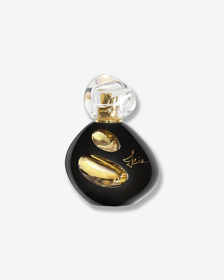Perfume bottle with black and gold design on a white background