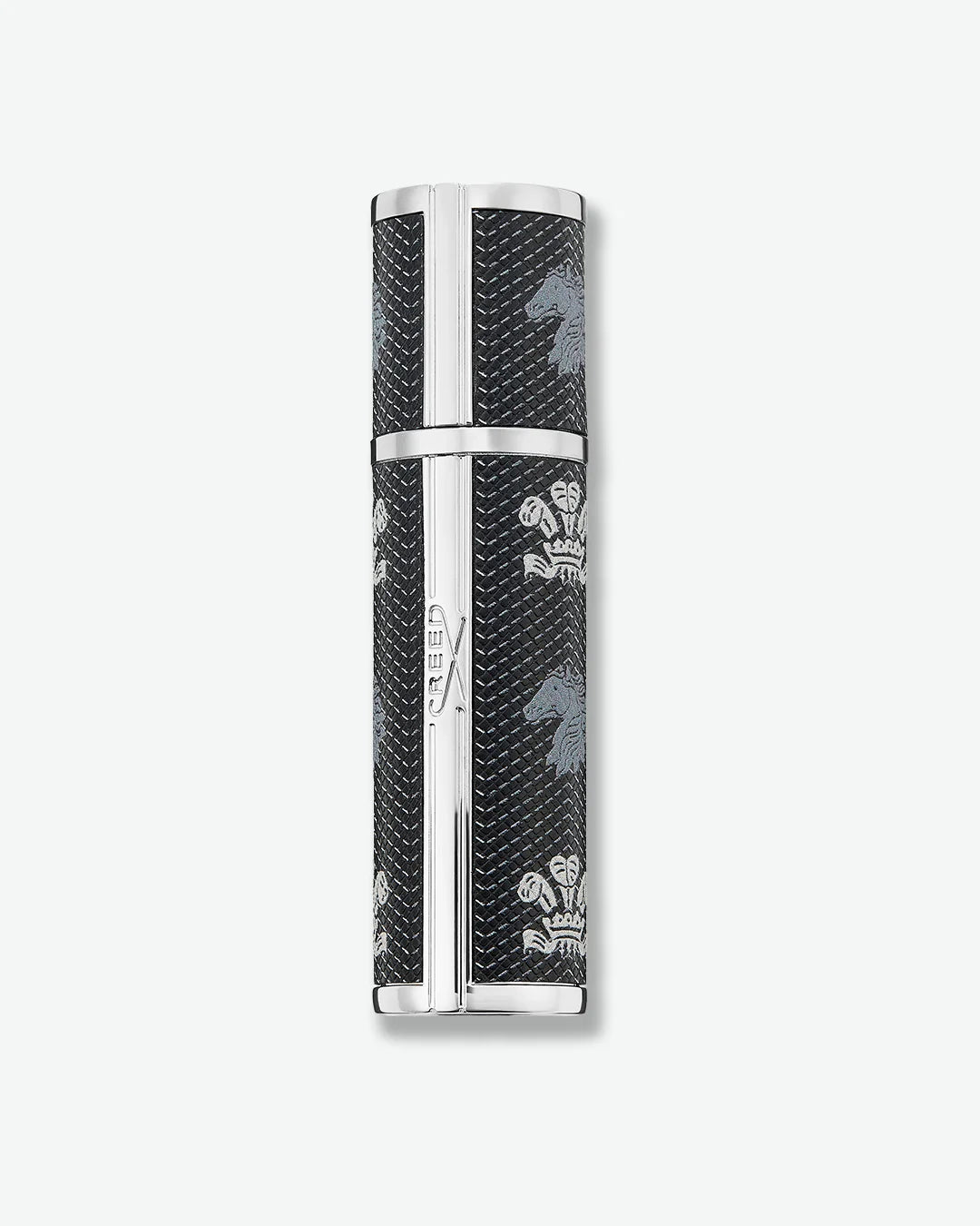 Backside view of black cylindrical Creed fragrance travel atomizer with textured leather-like finish, silver-tone metal accents, and repeating Creed logo and horse emblem on a light gray background.