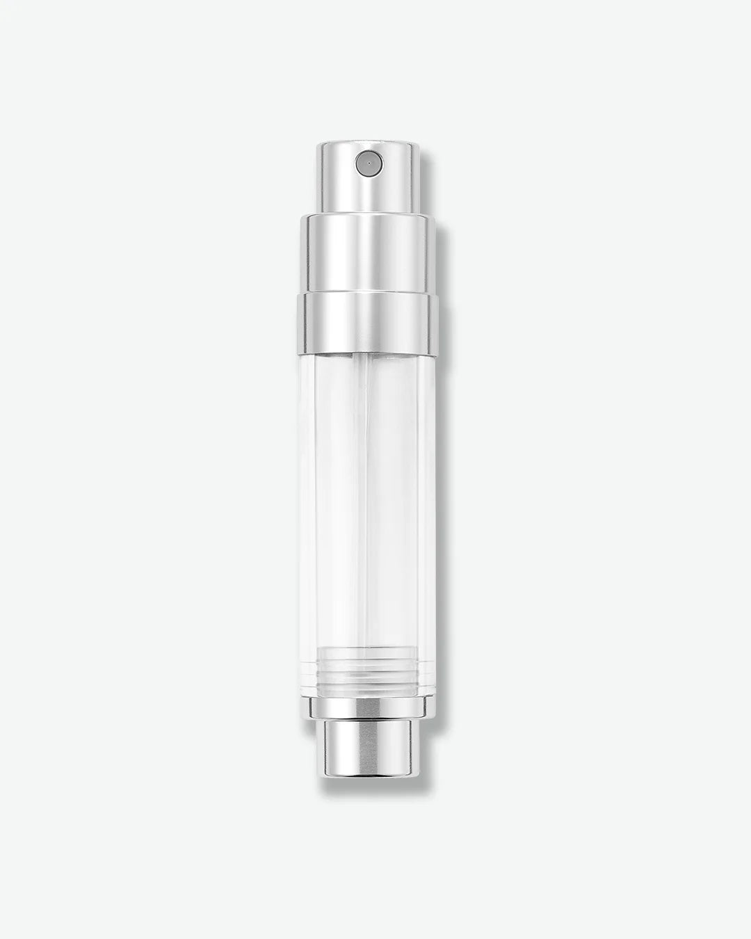Inner vial of atomizer, clear tube with silver bottom and silver pump nozzle top. 