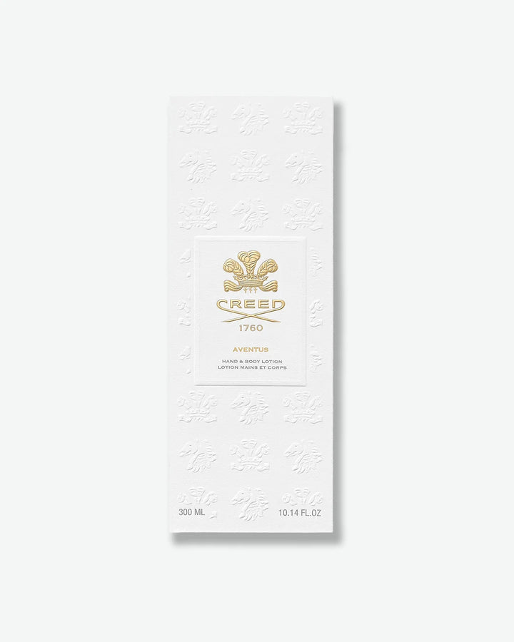 White embossed Creed Aventus Hand & Body Lotion packaging box on a white background