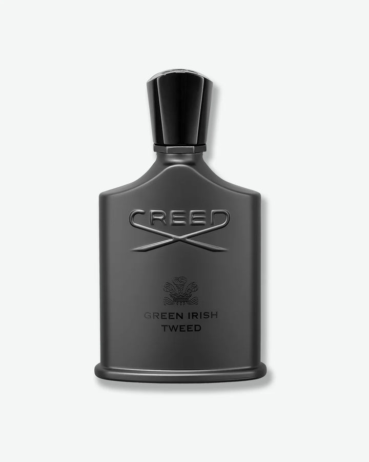 Matte black Creed Green Irish Tweed perfume bottle on a white background