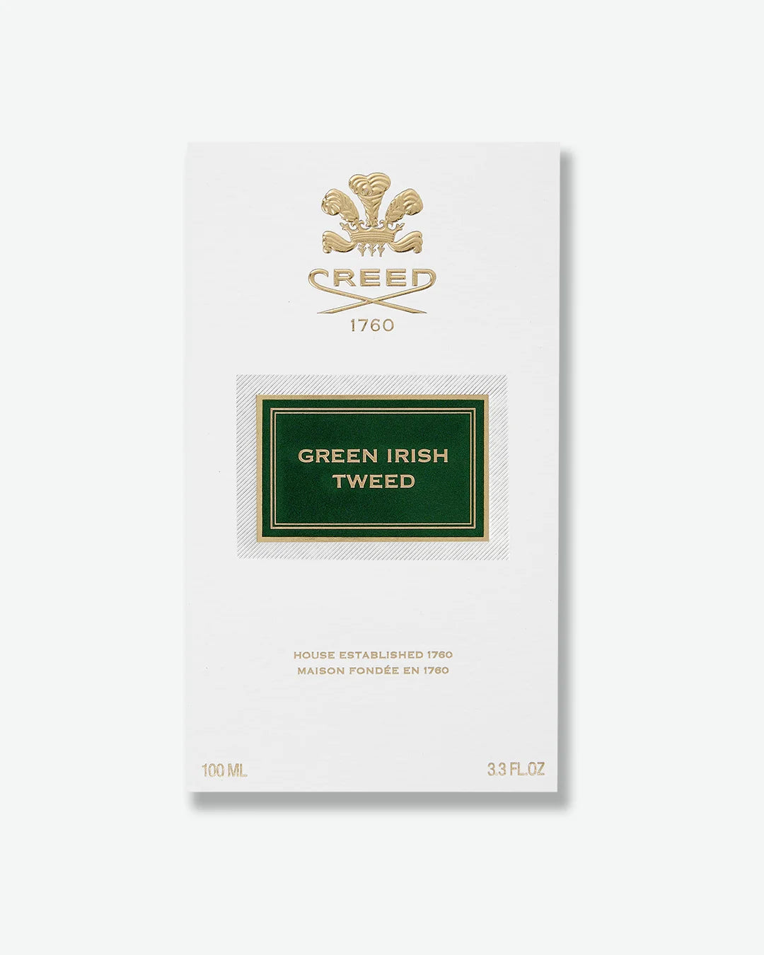 White Creed Green Irish Tweed packaging box with gold logo and green and gold label on a white background 