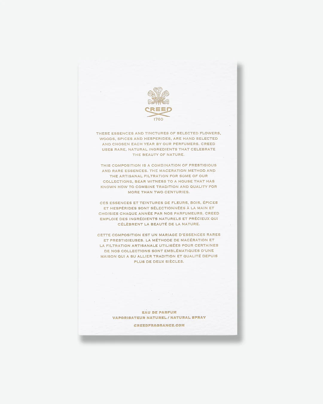 Back of Creed Green Irish Tweed packaging with detailed gold text on a white background