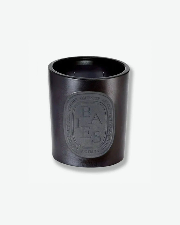 Diptyque Baies scented candle in a minimalist dark brown glass vessel with an embossed grey oval logo, isolated on a light grey background.