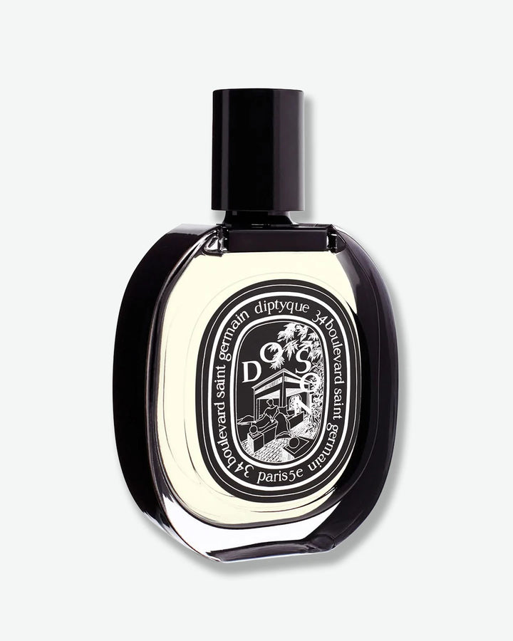 Perfume bottle with a black cap and clear body on a white background