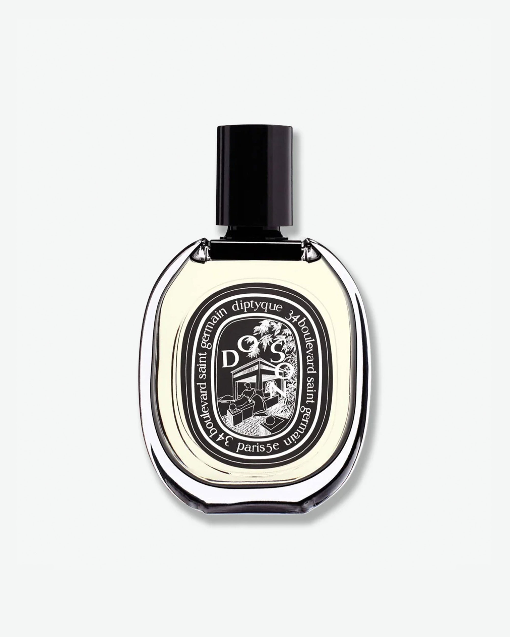 Diptyque Do Son Eau de Parfum in a signature oval clear glass bottle featuring a black cap and an illustrated black and white label, isolated on a light grey background.