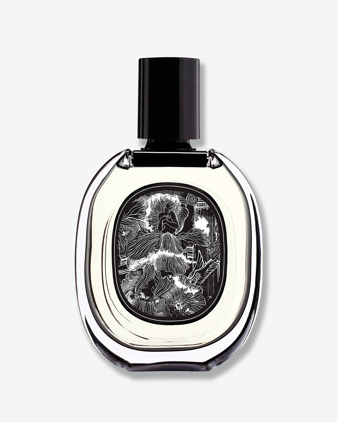 Perfume bottle with decorative label on a white background