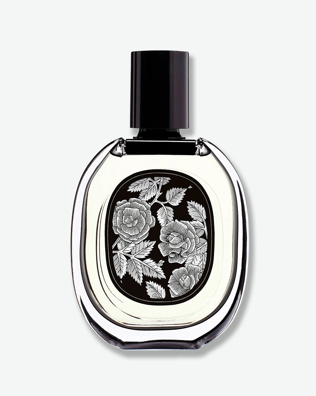 Perfume bottle with floral design on a white background