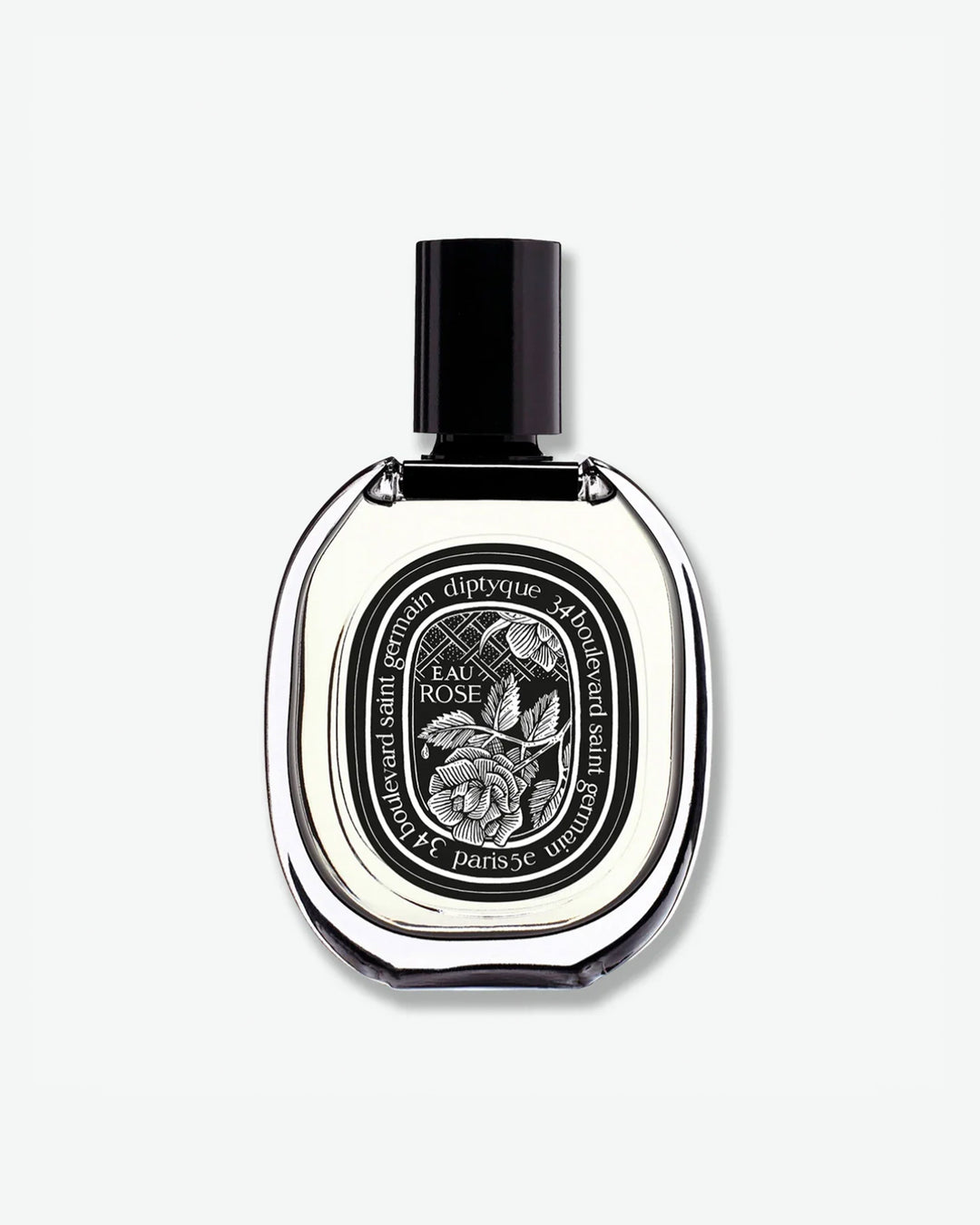 Diptyque Eau Rose Eau de Parfum in a signature oval clear glass bottle featuring a black cap and a detailed black and white rose illustration on the label, isolated on a light grey background.