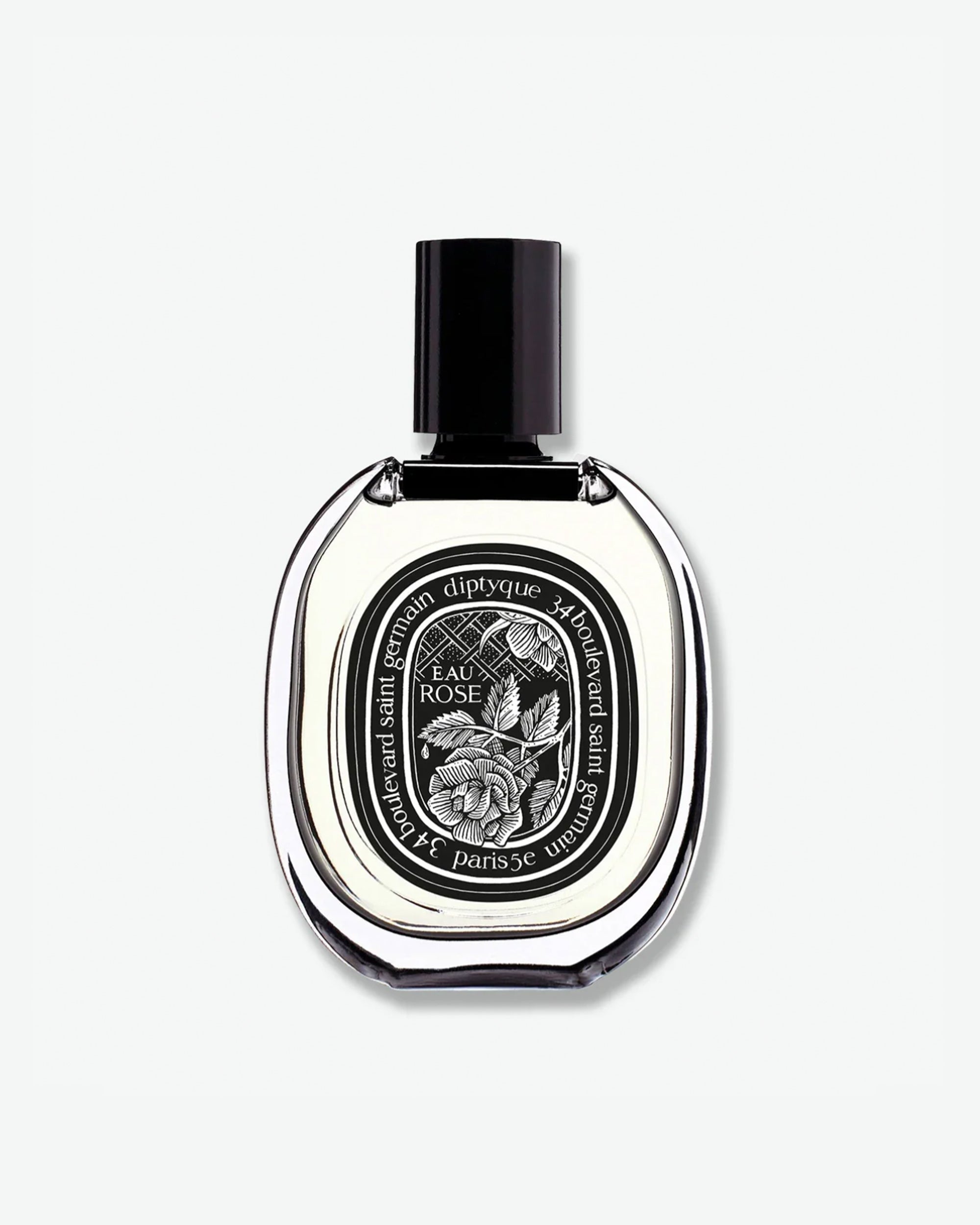 Diptyque Eau Rose Eau de Parfum in a signature oval clear glass bottle featuring a black cap and a detailed black and white rose illustration on the label, isolated on a light grey background.
